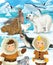 Cartoon winter scene with eskimos and snow animals