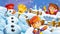 Cartoon winter scene with kids playing snow fight with snowman