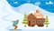 Cartoon winter ski resort landscape scene with wooden house, pine trees and snow mountains.