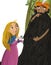 Cartoon wise older man jinn thinking and girl princess