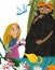 Cartoon wise older man jinn thinking and girl princess