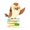 Cartoon wise owl sitting on stack of books, vector back to school isolated illustration