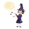 cartoon witch casting spell with thought bubble