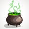 Cartoon witch cauldron with magic green potion and steam