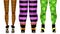 Cartoon witch legs in color striped stockings and different shoes isolated on a white