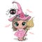 Cartoon witch in pink dress and hat