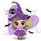 Cartoon witch in purple dress and hat