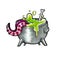 Cartoon witch`s cauldron brew with octopus tentacles and green water with white bone. Illustration with markers isolated on white