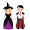 Cartoon witch and vampire characters. Boy and girl in carnival halloween costumes