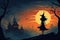 Cartoon witch woman Happy Halloween spooky night background. Copy space.