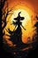Cartoon witch woman Happy Halloween spooky night background. Copy space.