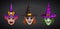 Cartoon witches faces on dark background. Creepy Halloween witch masks set.