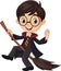 Cartoon wizard boy with a magic broomstick