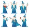 Cartoon wizard character. Old witch man in wizards robe, magician warlock and magic medieval sorcerer isolated vector