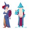 Cartoon wizard. Old man in robe costume and hat with beard, magic spells in bag, halloween magical character. Magician