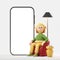 Cartoon woman in armchair and mockup phone display, online help