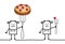 Cartoon woman with a big pie on a fork, next to another one with just a small cherry