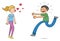 Cartoon woman blows kisses and man runs to her very excited, vector illustration