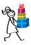 Cartoon woman carrying colorful gift boxes, stick figure walking and smiling, holding blue, green and red presents