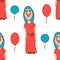 Cartoon woman clown in a dress with balloons. seamless pattern