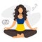 Cartoon woman with confused thoughts sits in a lotus position, solves her problems. Portrait of a pensive girl with