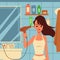 Cartoon woman drying her hair with electric dryer in bathroom interior