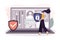 Cartoon woman ensures safety data protection and secure sign-in . Profile and account protect on internet. User