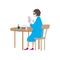 Cartoon woman in face mask sits at table in cafe. Restaurant visitor uses calculator in her phone