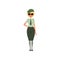 Cartoon woman in formal military dress: green shirt, tie, skirt, beret and sunglasses. Young girl in army officer