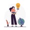 Cartoon woman have new idea of online learning. Female student holding big light bulb. Teacher offers education idea