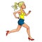 Cartoon woman in high heels running, side view