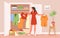 Cartoon woman holding hanger with dress and shirt, standing near wardrobe to sort clothes, choose stylish outfit, find