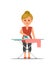 Cartoon woman housewife ironing clothes on iron board.