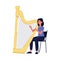 Cartoon woman playing the harp - young harpist girl plucking the strings