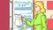 Cartoon Woman puts to the refrigerator a carafe with water or milk