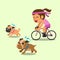 Cartoon woman ride bike with running dogs