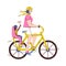 Cartoon woman riding adult bicycle with child in baby passenger seat