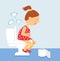 Cartoon woman is sitting on the toilet. urinary bladder problem or or sickness concept. stomach-ache woman