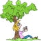 Cartoon woman sitting under a tree checking her social media messages on her cell phone vector illustration