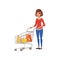 Cartoon woman standing near supermarket cart with products. Shopping in grocery store. Young girl in blouse and jeans