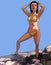 Cartoon woman in swimsuit sunbathing standing on stones