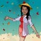 A cartoon woman in a Vietnamese hat is surrounded by butterflies