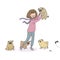Cartoon woman on a walk with puppies. Beautiful young girl and a cute pug. Pets.