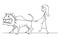 Cartoon of Woman Walking With Beast Monster Dangerous Big Dog on a Leash