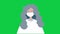 Cartoon woman in white medical face mask on green background in 4k video.