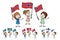 Cartoon women of different ages holding and waving flags of Norway, Sweden, Finland, Denmark. Happy stick figures for the concept