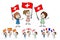 Cartoon women of different ages holding and waving flags of Switzerland, France, Spain, England. Happy stick figures