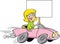 Cartoon women driving a sports car while holding a sign.