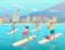 Cartoon women, man with boy and dogs are paddling with paddle board on the water