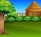 Cartoon of Wood cabin in a green field